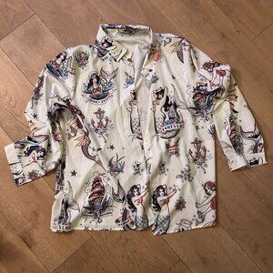 Polyester Americana Pinup Mermaid Button Down Shirt